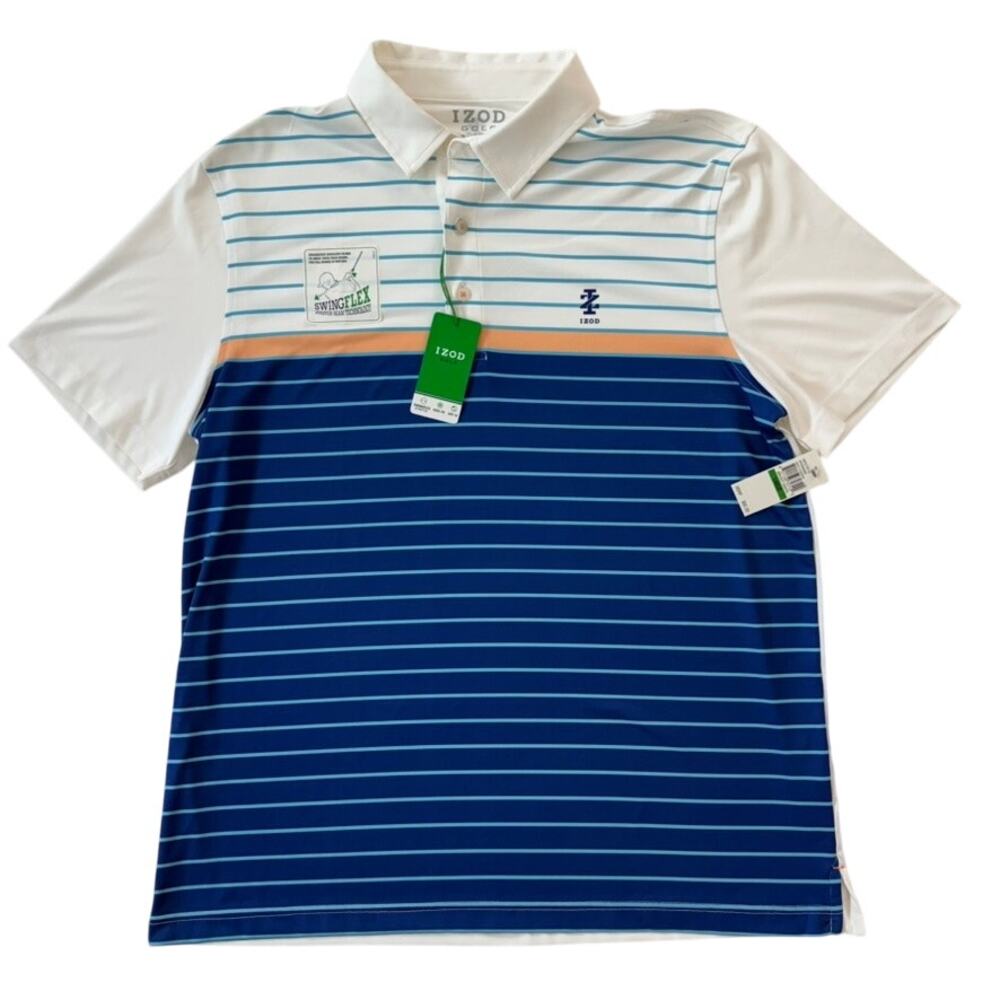 IZOD Mens Large NWT Blue White Engineer Stripe Golf Polo Shirt Stretch SwingFlex